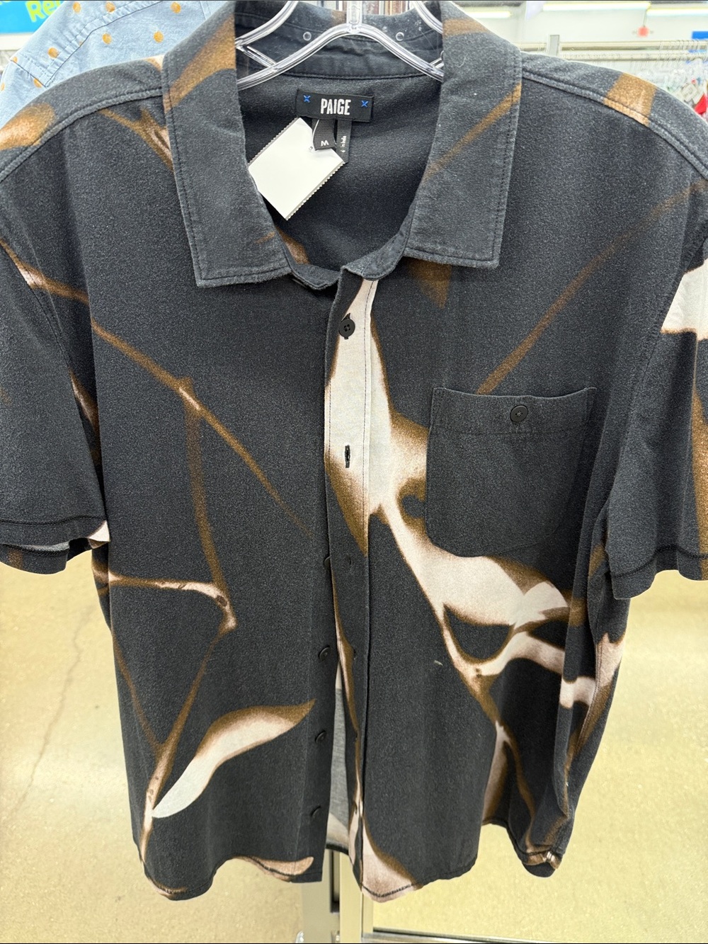 PAIGE Black Short Sleeve Button-Up Shirt with Brown Abstract Print Sold Out $198
